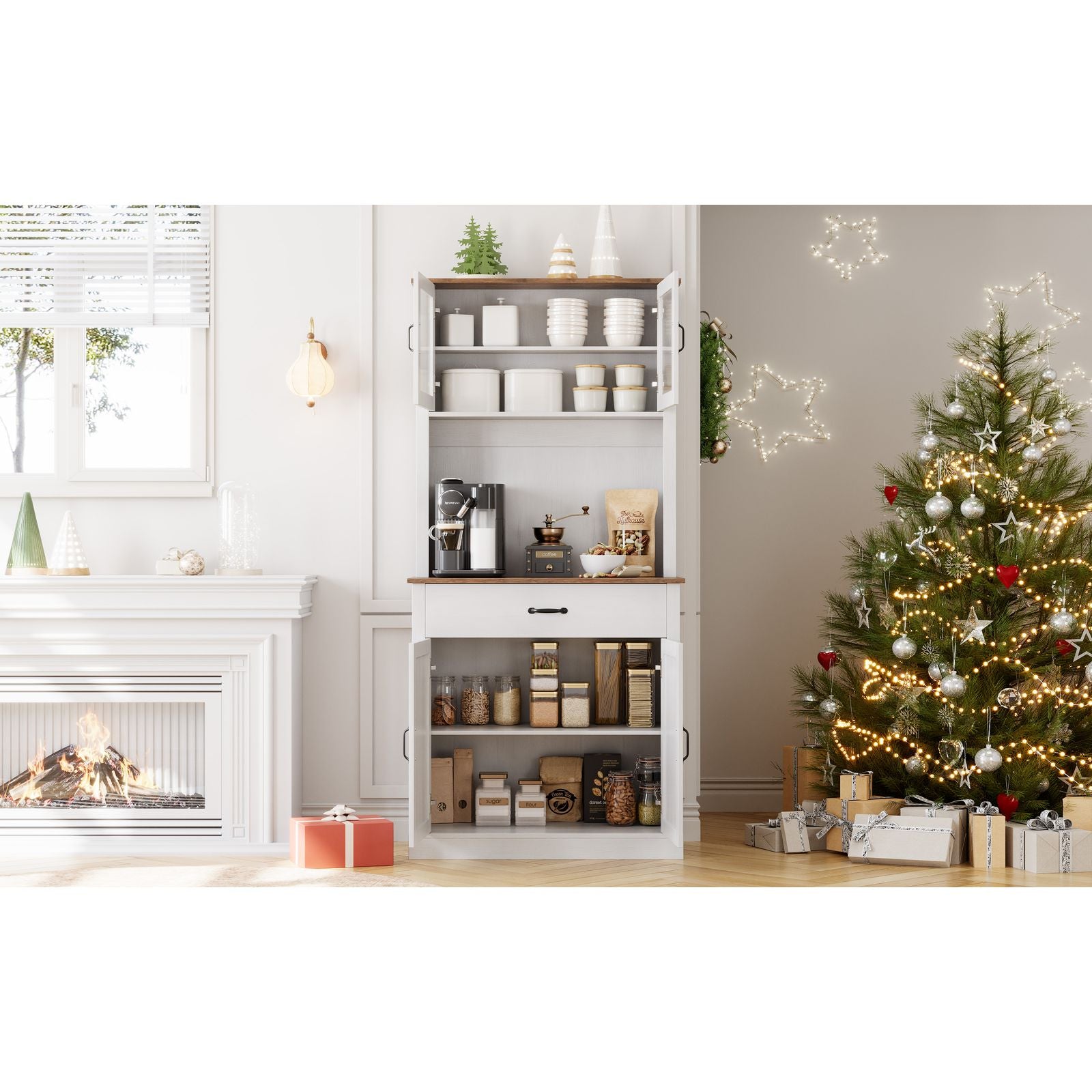 A Tall, Freestanding Kitchen Pantry Cabinet That Includes a Microwave Stand, Measuring 71 Inches in Height. This White Storage Cabinet Features Doors And Shelves, Making It Suitable for Dining Rooms, Bedrooms