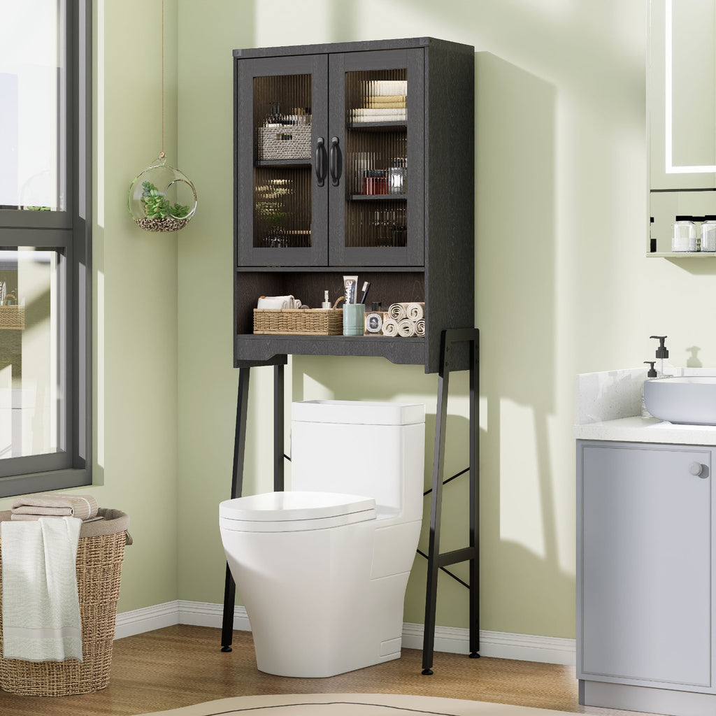 Optimize The Space in Your Bathroom! A Tall, Standalone Toilet Storage Cabinet Featuring Tempered Glass Doors And a Robust Metal Frame. It Is Adjustable And Easy to Assemble