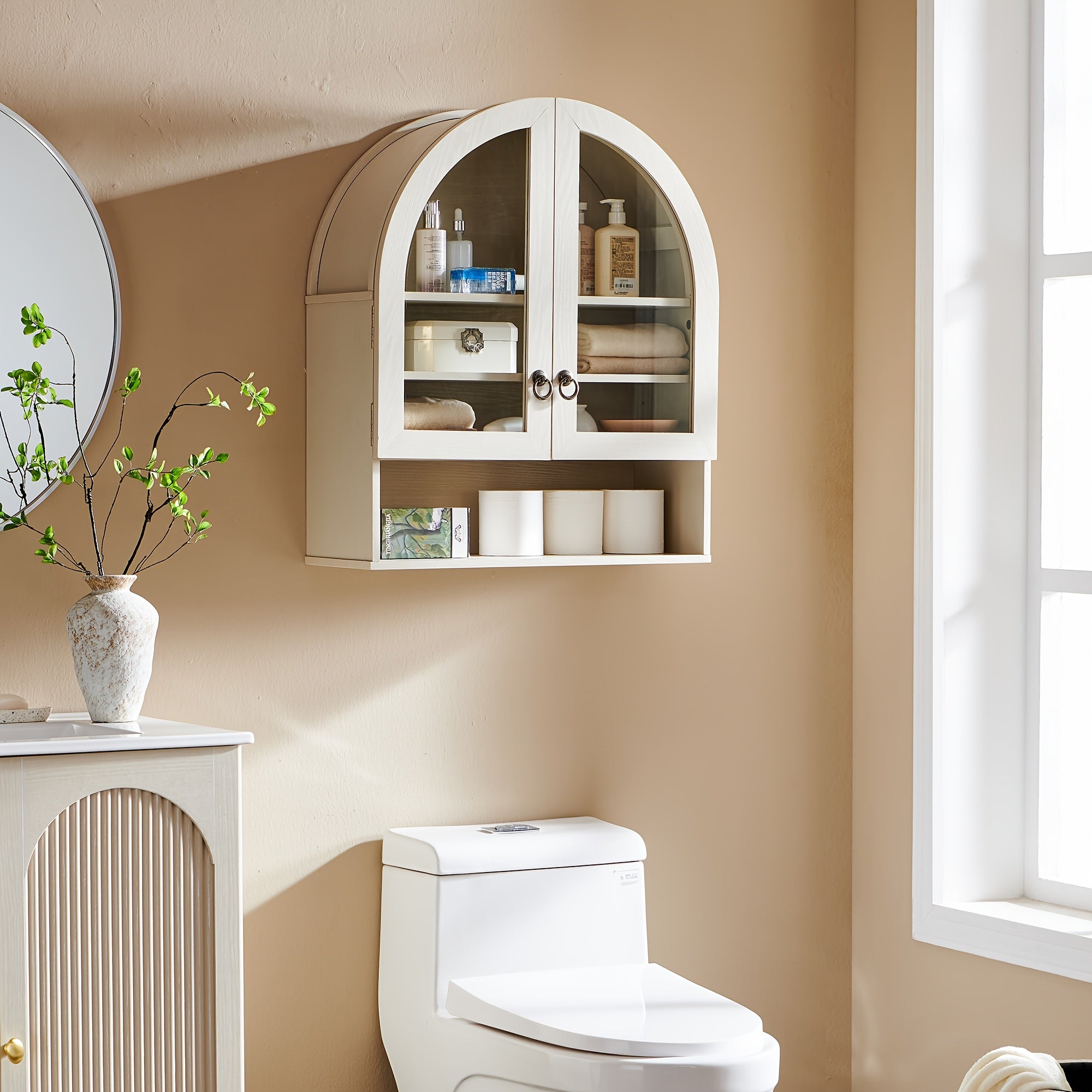 Arched Medicine Cabinet Suitable for Over the Toilet Storage - Modern Wall-Mounted Bathroom Cabinet with Adjustable Shelves, Double Door Arched Top, Wood, Engineered Wood for Laundry Room Organization