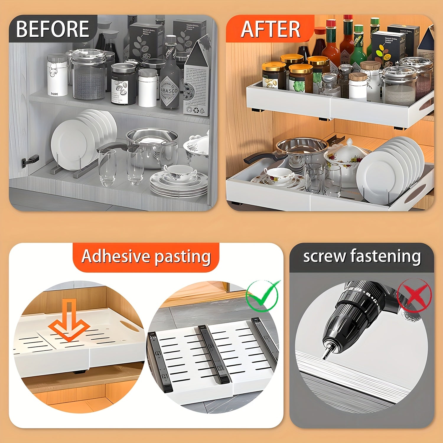 Pull-out Drawer Organizer, Expandable Single-layer Sliding Drawer Organizer for Kitchen Cabinets, Expandable Pull-out Drawer, Cabinet Organization Storage Drawer, Multi-functional Application Scenario Storage Cabinet