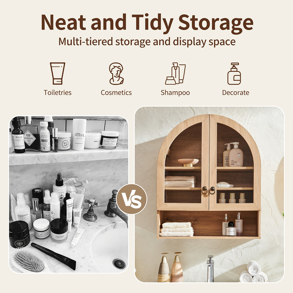 Arched Medicine Cabinet Suitable for Over the Toilet Storage - Modern Wall-Mounted Bathroom Cabinet with Adjustable Shelves, Double Door Arched Top, Wood, Engineered Wood for Laundry Room Organization
