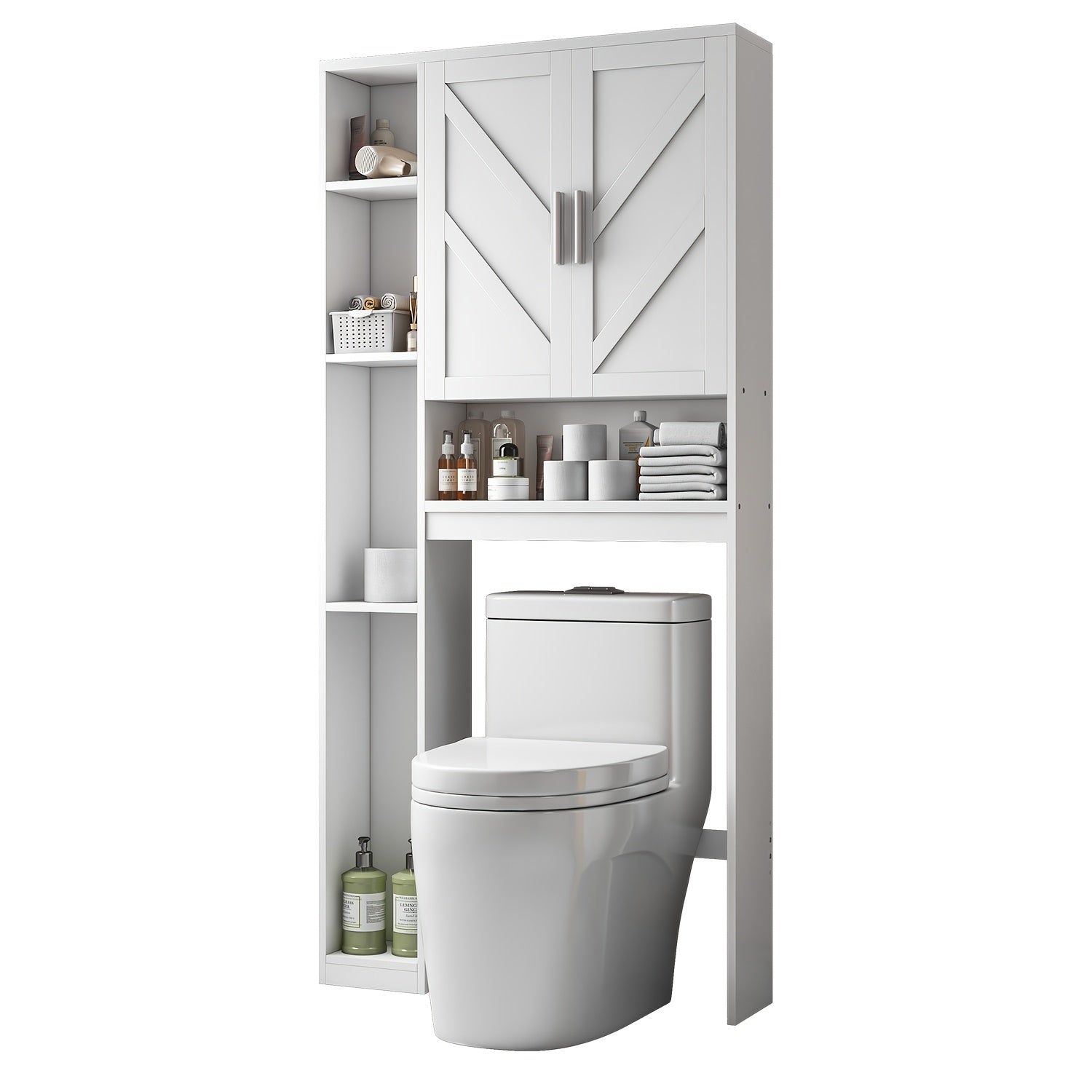 Toilet Storage Masterpiece: White Cabinet Above Toilet + Numerous Storage Cabinets + Additional White Cabinets, Space-Saving Solution for Bathrooms\u002F Laundry Rooms