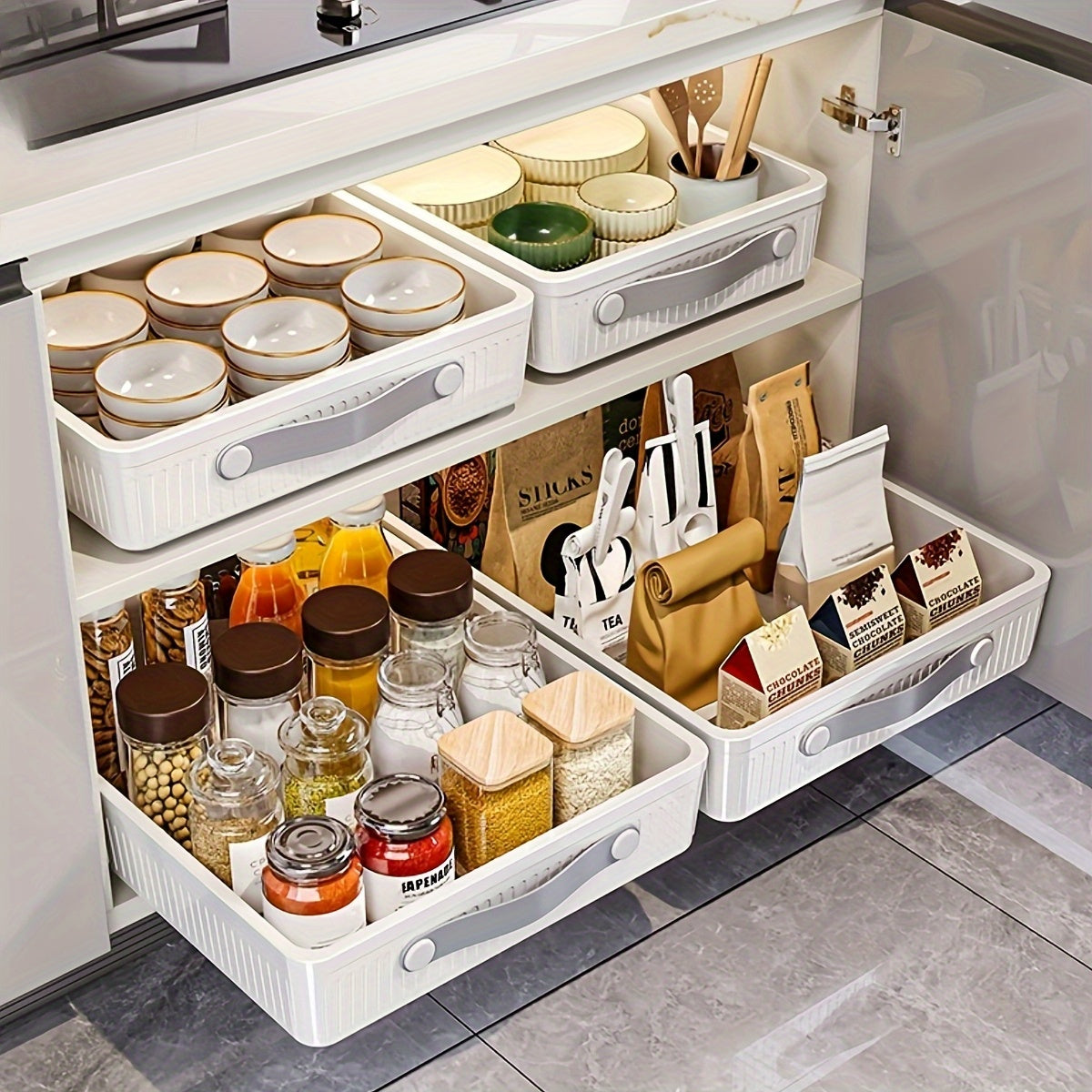 Large Pull-Out Cabinet Organizer Baskets, Plastic Drawer Shelves for Kitchen, Bathroom, Bedroom Storage- Independent, Metal Tube Included, \u003C3.2 Cu Ft Capacity, \u003C27.0inch Height