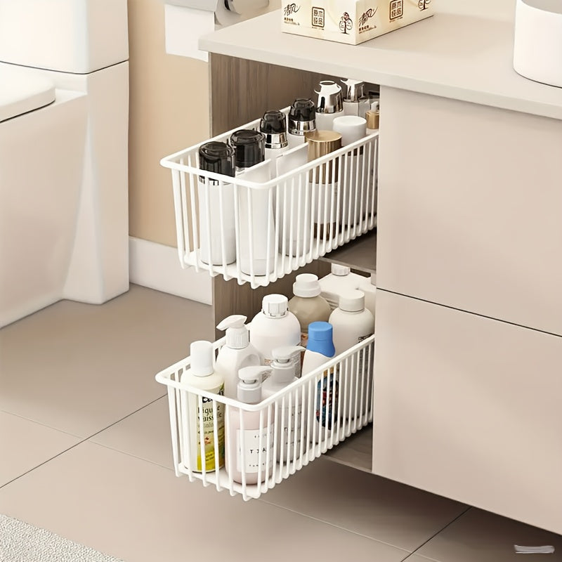 2pcs Black Metal Basket 2pcs Pull-Out Cabinet Storage Basket, Black Metal Drawer, Suitable for Kitchen and Bathroom, Sink Shelf Design With Multiple Compartments for Storing Spices, Jars, and Bottles, Minimalist Black Appearance