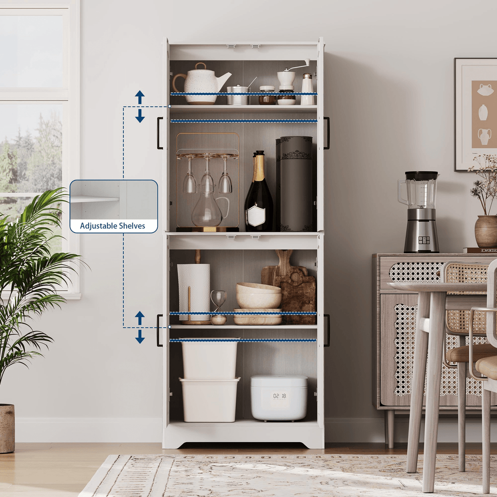 70-inch Tall Modern Farmhouse Pantry Cabinet with 4 Barn Doors & Adjustable Shelves - White Suitable for Kitchen, Living Room Storage,, Assembly, Housewarming Gift for Home, Bedroom, Entryway Organization