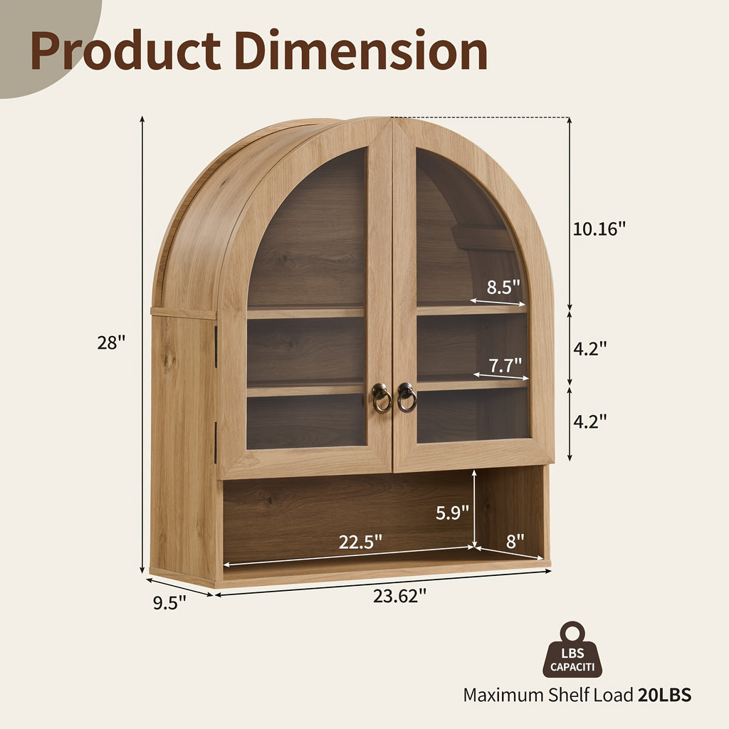Arched Medicine Cabinet Suitable for Over the Toilet Storage - Modern Wall-Mounted Bathroom Cabinet with Adjustable Shelves, Double Door Arched Top, Wood, Engineered Wood for Laundry Room Organization