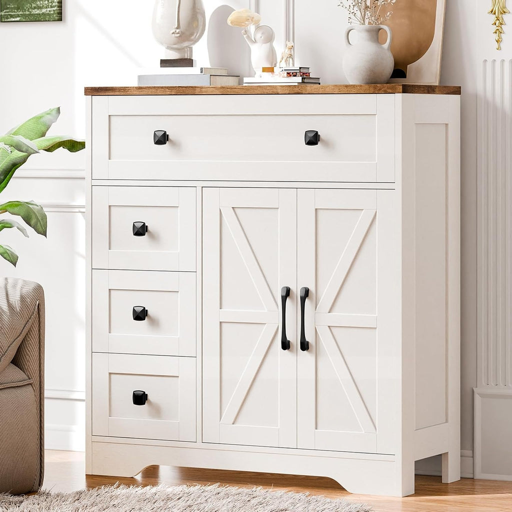 2 Door 4 Drawer Storage Cabinet Freestanding Bathroom Kitchen Organizer with Adjustable Shelves, Multi-Purpose Floor Cupboard for Living Room, Bedroom, Bathroom, Kitchen Pantry - Modern Home Storage Hutch