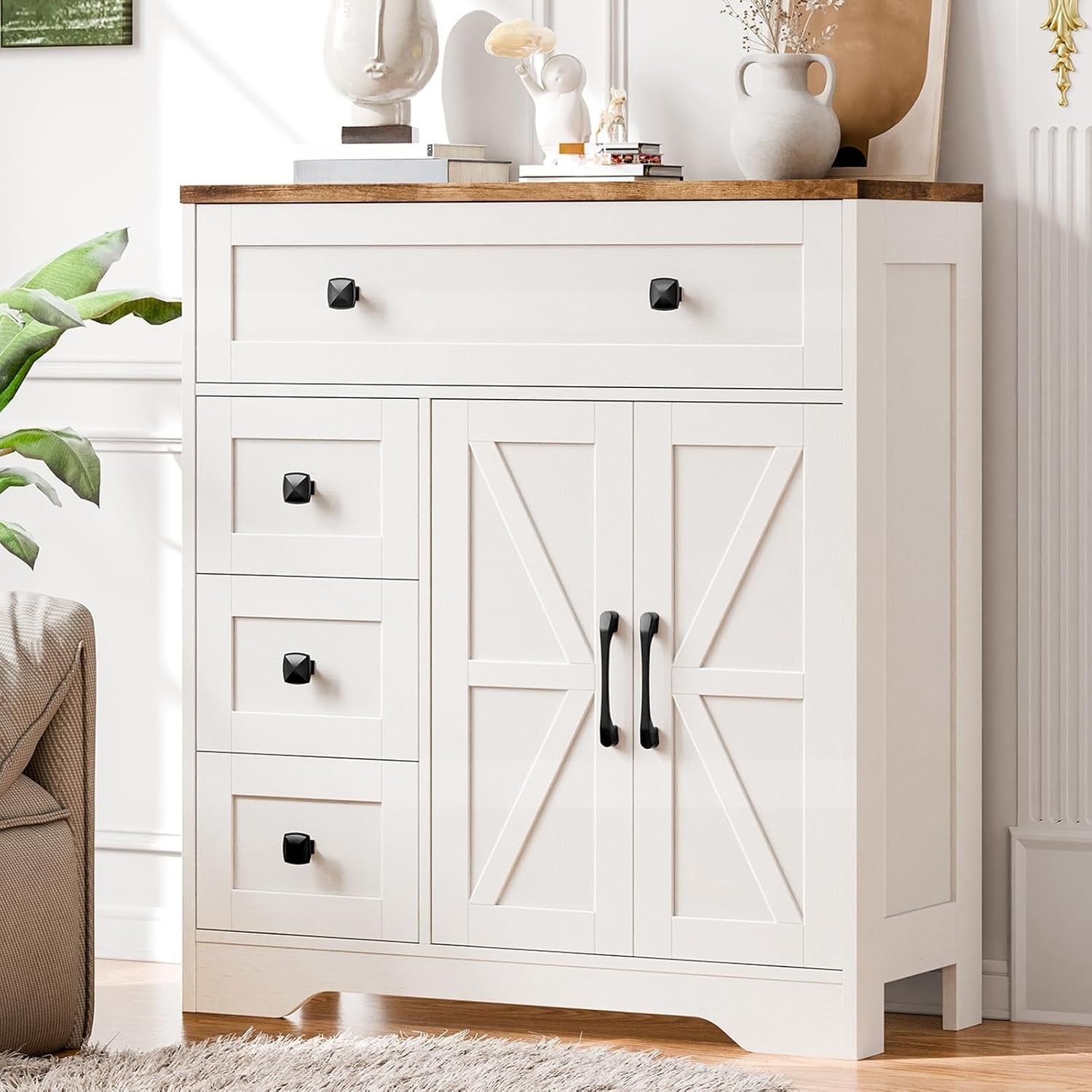 2 Door 4 Drawer Storage Cabinet Freestanding Bathroom Kitchen Organizer with Adjustable Shelves, Multi-Purpose Floor Cupboard for Living Room, Bedroom, Bathroom, Kitchen Pantry - Modern Home Storage Hutch