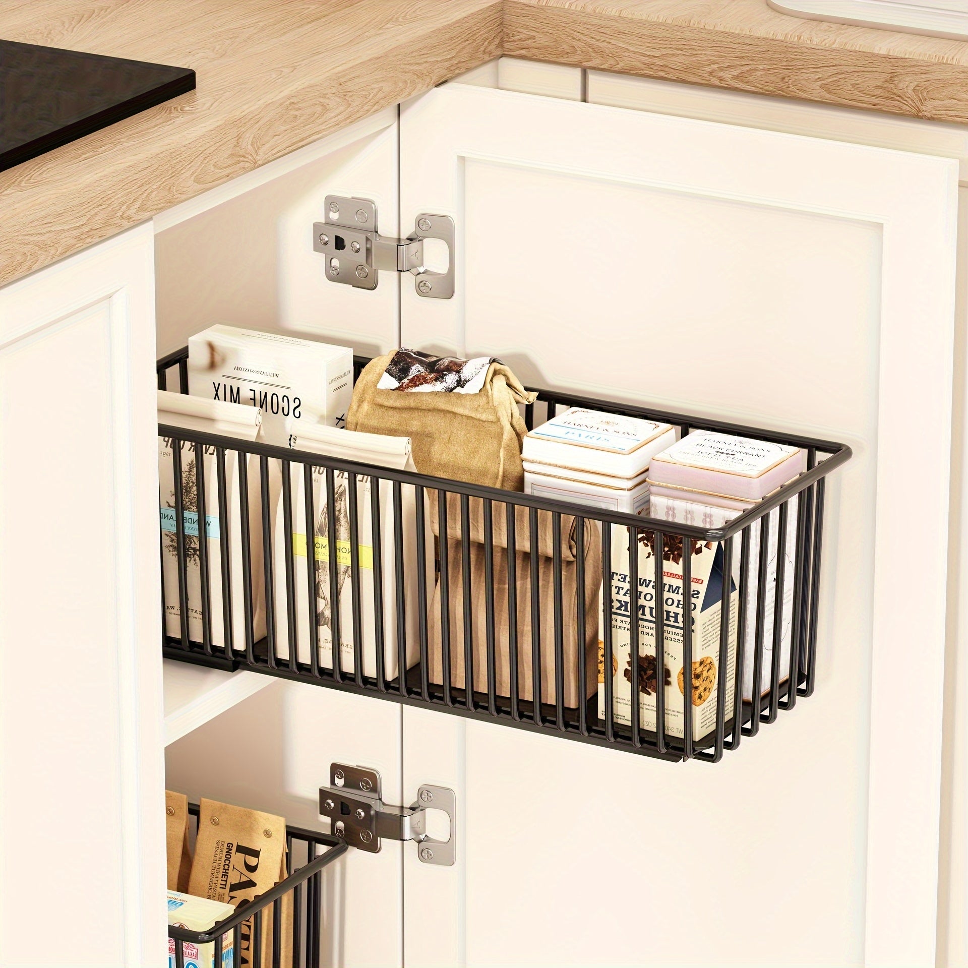 2pcs Black Metal Basket 2pcs Pull-Out Cabinet Storage Basket, Black Metal Drawer, Suitable for Kitchen and Bathroom, Sink Shelf Design With Multiple Compartments for Storing Spices, Jars, and Bottles, Minimalist Black Appearance