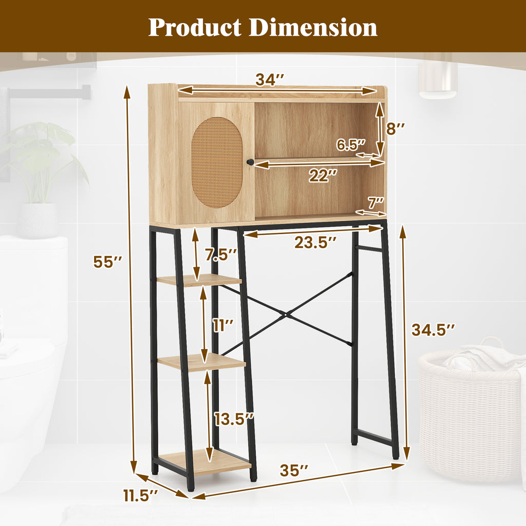 COSTWAY Over The Toilet Storage Cabinet, Freestanding Storage Organizer Above Toilet with PE Rattan Door and Adjustable Shelf, Home Space-Saving Toilet Rack, Space Saver for Bathroom, Natural