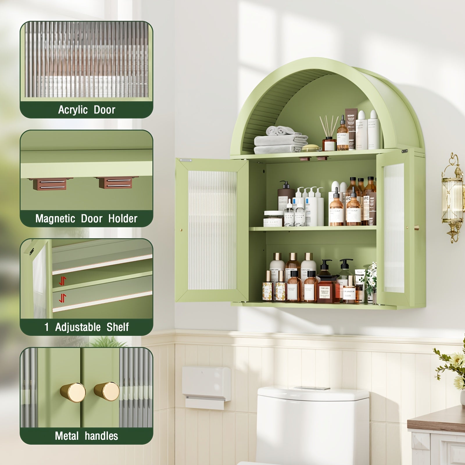 Arched Bathroom Wall Cabinets, Bohemian-style Medicine Cabinet With Acrylic Doors, Storage Cabinet Above The Toilet, Wall-mounted Adjustable Shelves (suitable For The Living Room), Laundry Room, Bathroom