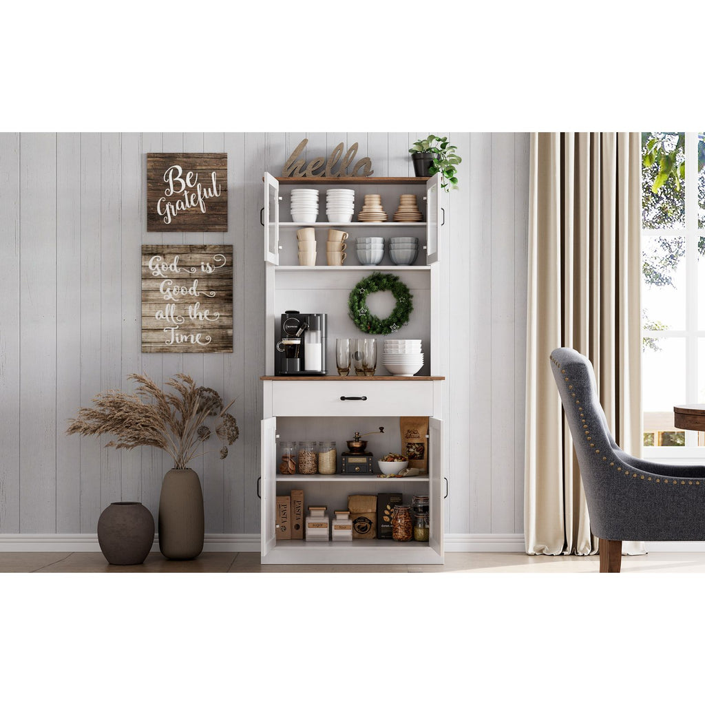 A Tall, Freestanding Kitchen Pantry Cabinet That Includes a Microwave Stand, Measuring 71 Inches in Height. This White Storage Cabinet Features Doors And Shelves, Making It Suitable for Dining Rooms, Bedrooms