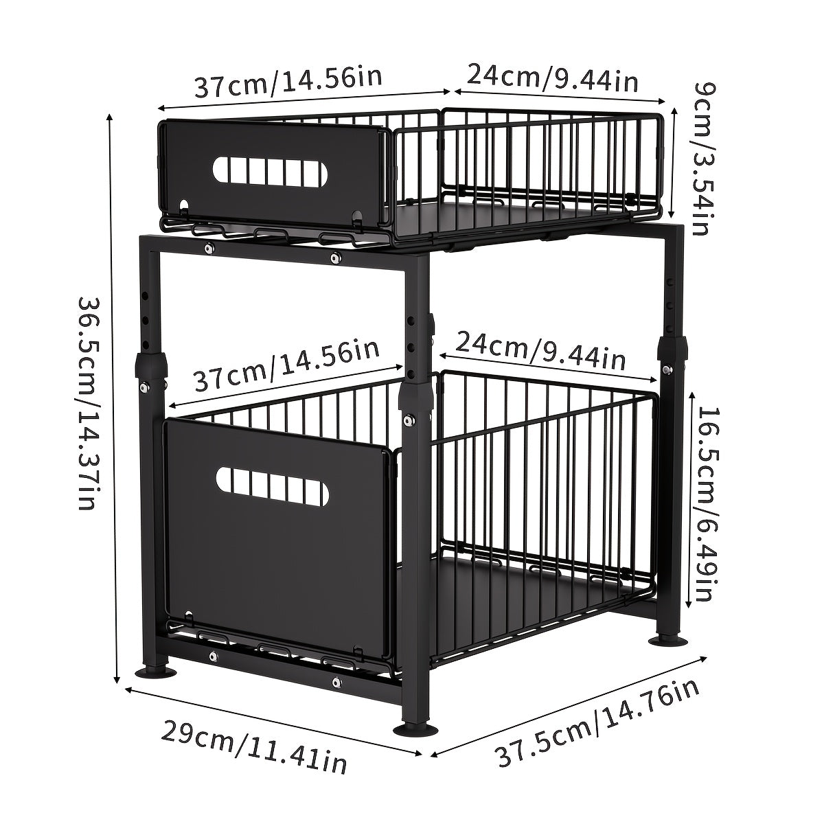 2-Tier Slide-Out Under Sink Organizer - Heavy-Duty Carbon Steel Kitchen & Bathroom Storage Shelf with Adjustable Shelves, Hooks & Sliding Drawers - Space-Saving Cabinet Organizer for Utensils, Spices, Cleaning Supplies - Easy Installation