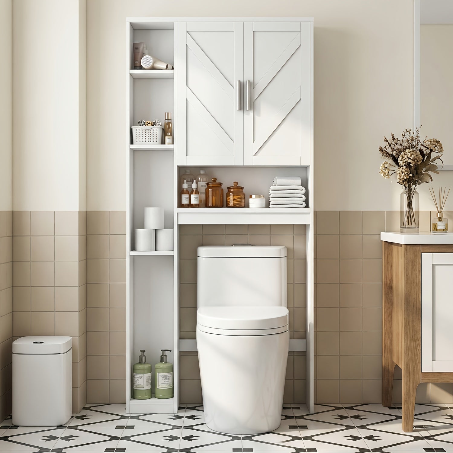 Toilet Storage Masterpiece: White Cabinet Above Toilet + Numerous Storage Cabinets + Additional White Cabinets, Space-Saving Solution for Bathrooms\u002F Laundry Rooms