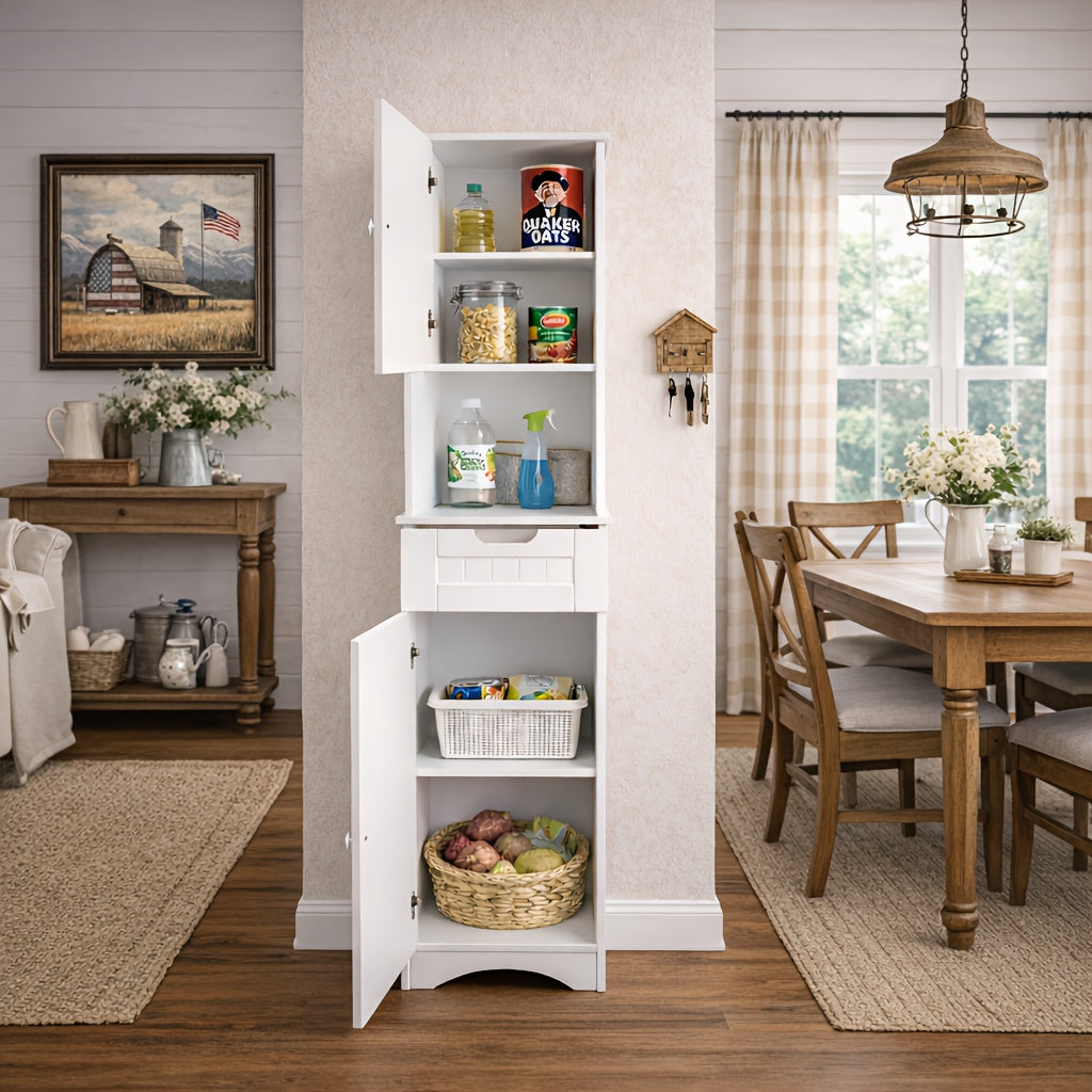 A Slender, Vertical Storage Unit for The Bathroom, Featuring Two Doors, a Drawer, And Open Shelving, Designed in a White Farmhouse Aesthetic, Suitable for The Bathroom, Laundry Area, Entryway, Or Study