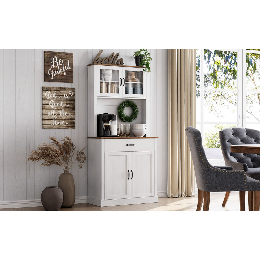A Tall, Freestanding Kitchen Pantry Cabinet That Includes a Microwave Stand, Measuring 71 Inches in Height. This White Storage Cabinet Features Doors And Shelves, Making It Suitable for Dining Rooms, Bedrooms