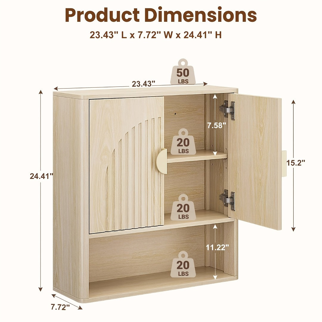 24.4-Inch Modern Recessed Bathroom Wall Cabinet with Golden Handles, Storage Cabinet Above The Toilet, Featuring Adjustable Shelves And Open Shelving, Suitable for Bathrooms, Vanities, And Laundry Rooms