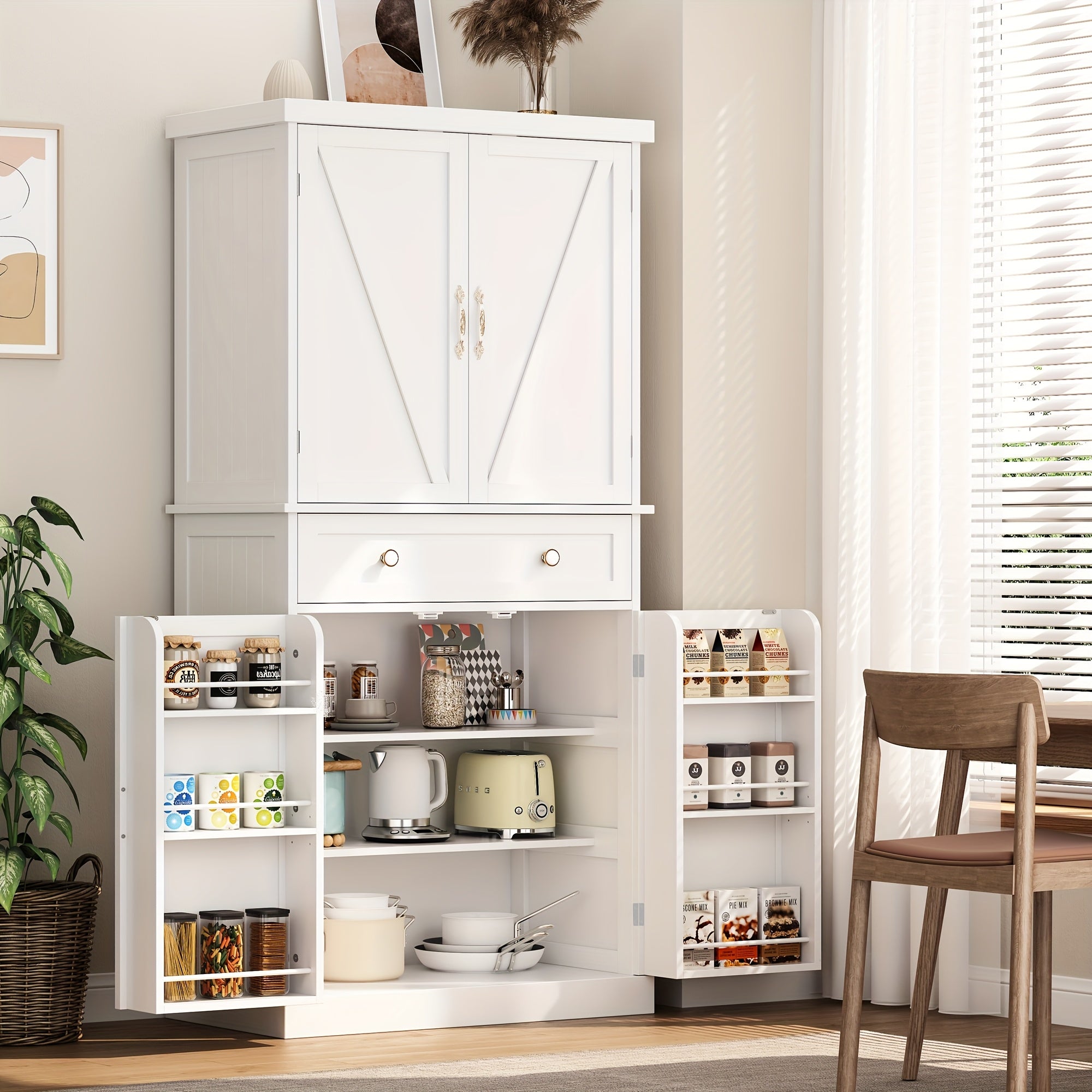 47 Inch Large Wooden Kitchen Storage Cabinets with Drawer and Adjustable Shelves, White Kitchen Pantry Storage Cabinet, Sturdy Buffet Cupboards Sideboard for Kitchen Dining Living Room Use