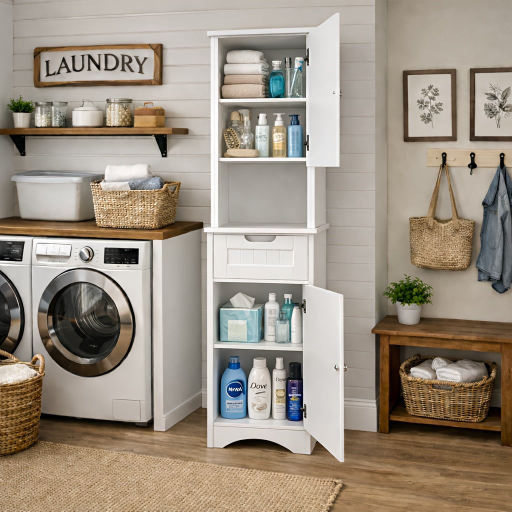 A Slender, Vertical Storage Unit for The Bathroom, Featuring Two Doors, a Drawer, And Open Shelving, Designed in a White Farmhouse Aesthetic, Suitable for The Bathroom, Laundry Area, Entryway, Or Study