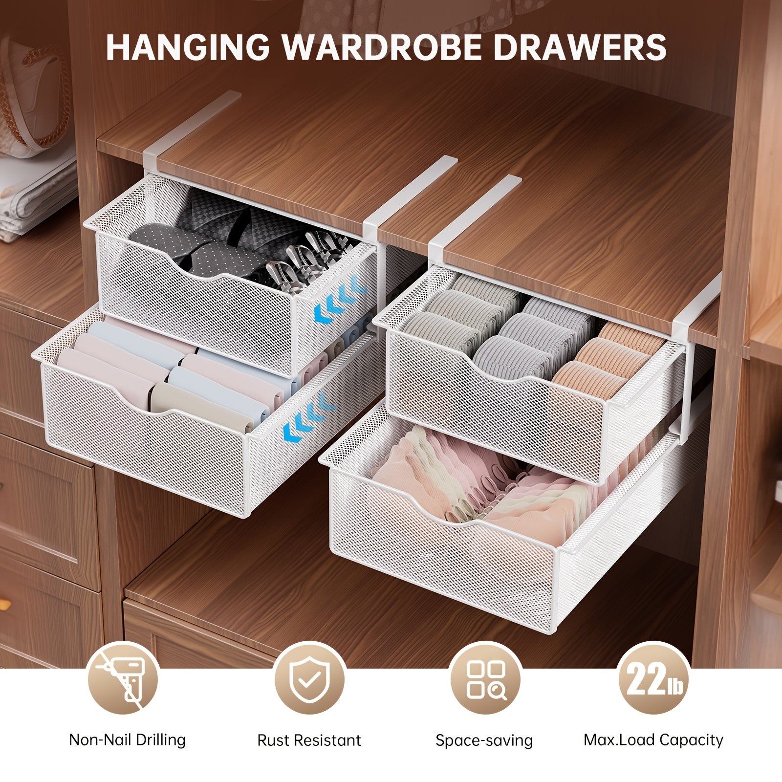 Stackable Pull-Out Drawer Baskets with Two Tiers - Ideal for Organizing Underwear, Socks, And Small Items, Suitable for Closet Shelves And Cabinets, in White