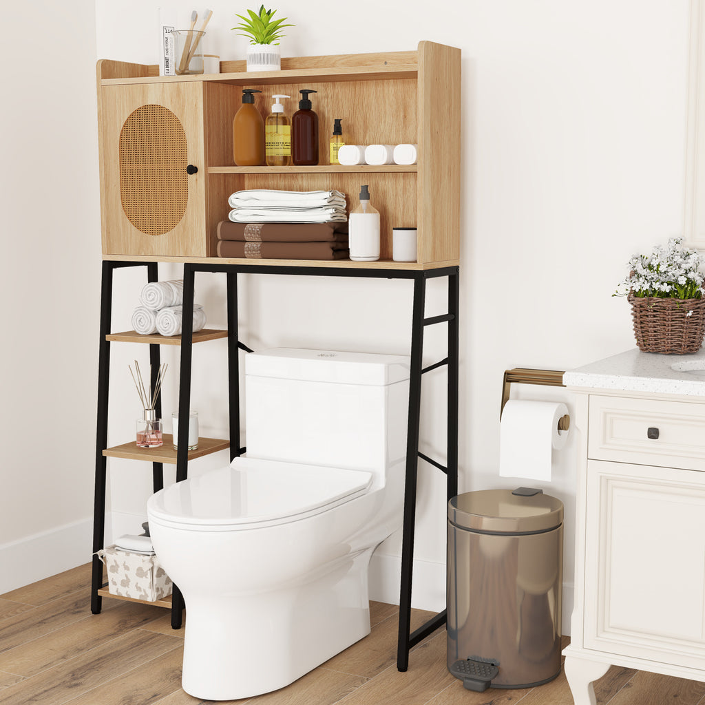 COSTWAY Over The Toilet Storage Cabinet, Freestanding Storage Organizer Above Toilet with PE Rattan Door and Adjustable Shelf, Home Space-Saving Toilet Rack, Space Saver for Bathroom, Natural