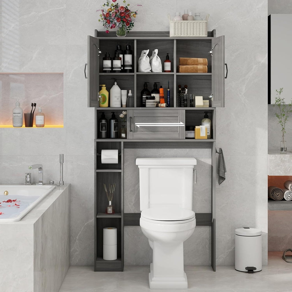 Grey Freestanding Over The Toilet Cabinet 3-in-1 Storage Organizer with Barn Doors Adjustable Shelves & Hooks Farmhouse Bathroom Storage