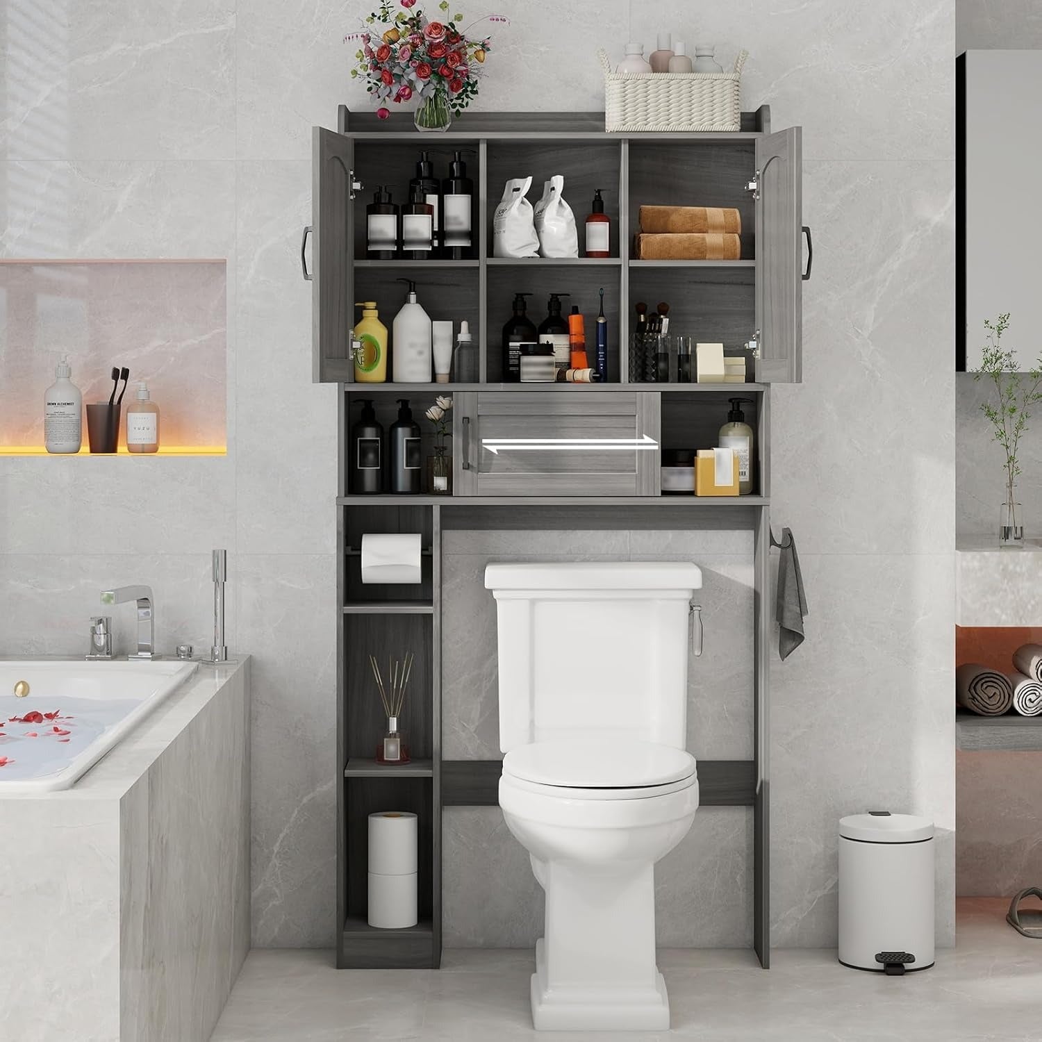 Grey Freestanding Over The Toilet Cabinet 3-in-1 Storage Organizer with Barn Doors Adjustable Shelves & Hooks Farmhouse Bathroom Storage