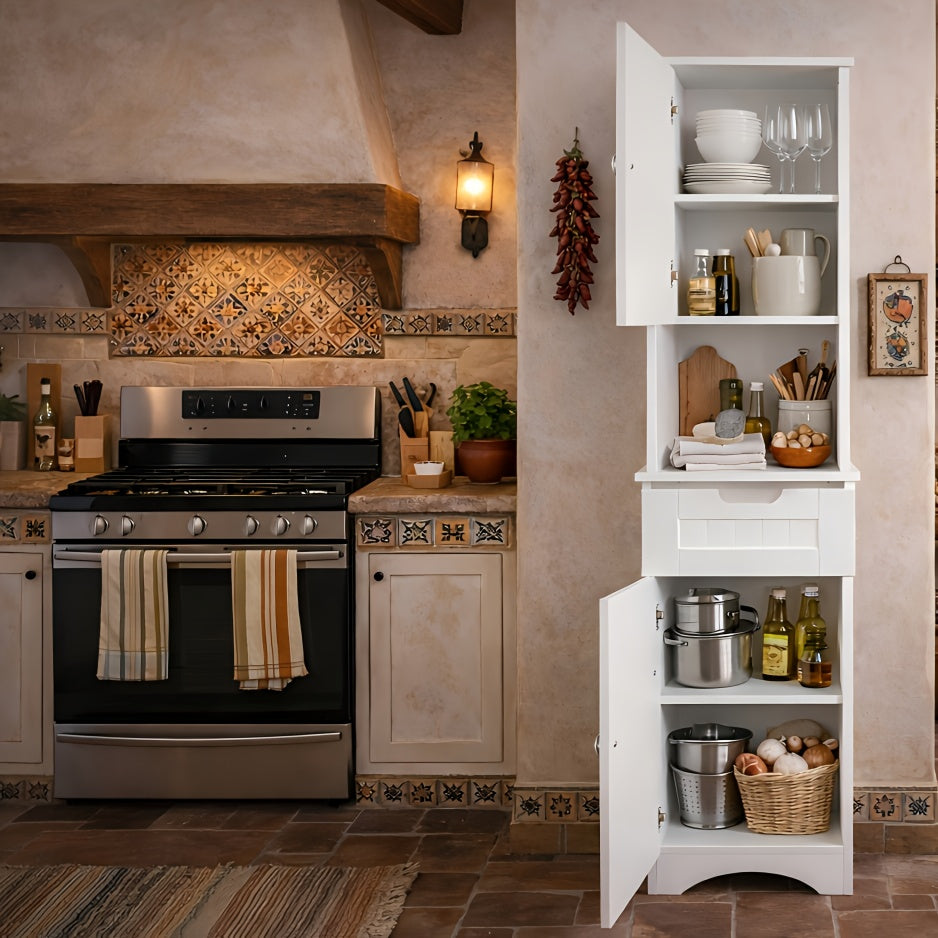 A Slender, Vertical Storage Unit for The Bathroom, Featuring Two Doors, a Drawer, And Open Shelving, Designed in a White Farmhouse Aesthetic, Suitable for The Bathroom, Laundry Area, Entryway, Or Study