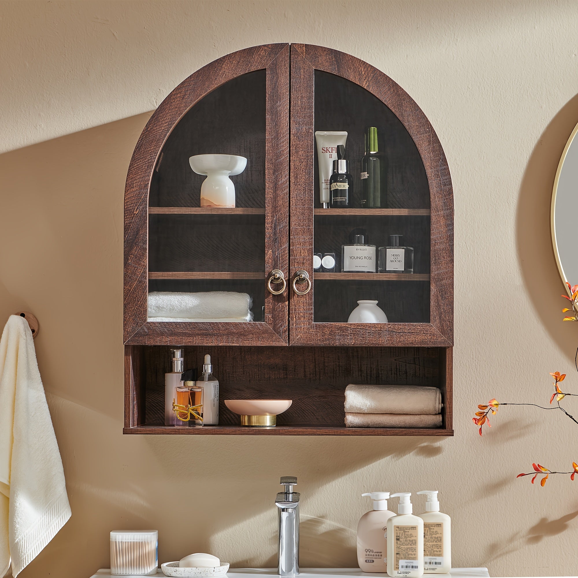 Arched Medicine Cabinet Suitable for Over the Toilet Storage - Modern Wall-Mounted Bathroom Cabinet with Adjustable Shelves, Double Door Arched Top, Wood, Engineered Wood for Laundry Room Organization