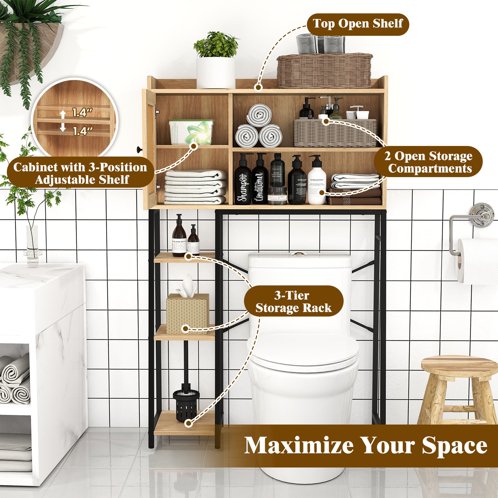 COSTWAY Over The Toilet Storage Cabinet, Freestanding Storage Organizer Above Toilet with PE Rattan Door and Adjustable Shelf, Home Space-Saving Toilet Rack, Space Saver for Bathroom, Natural