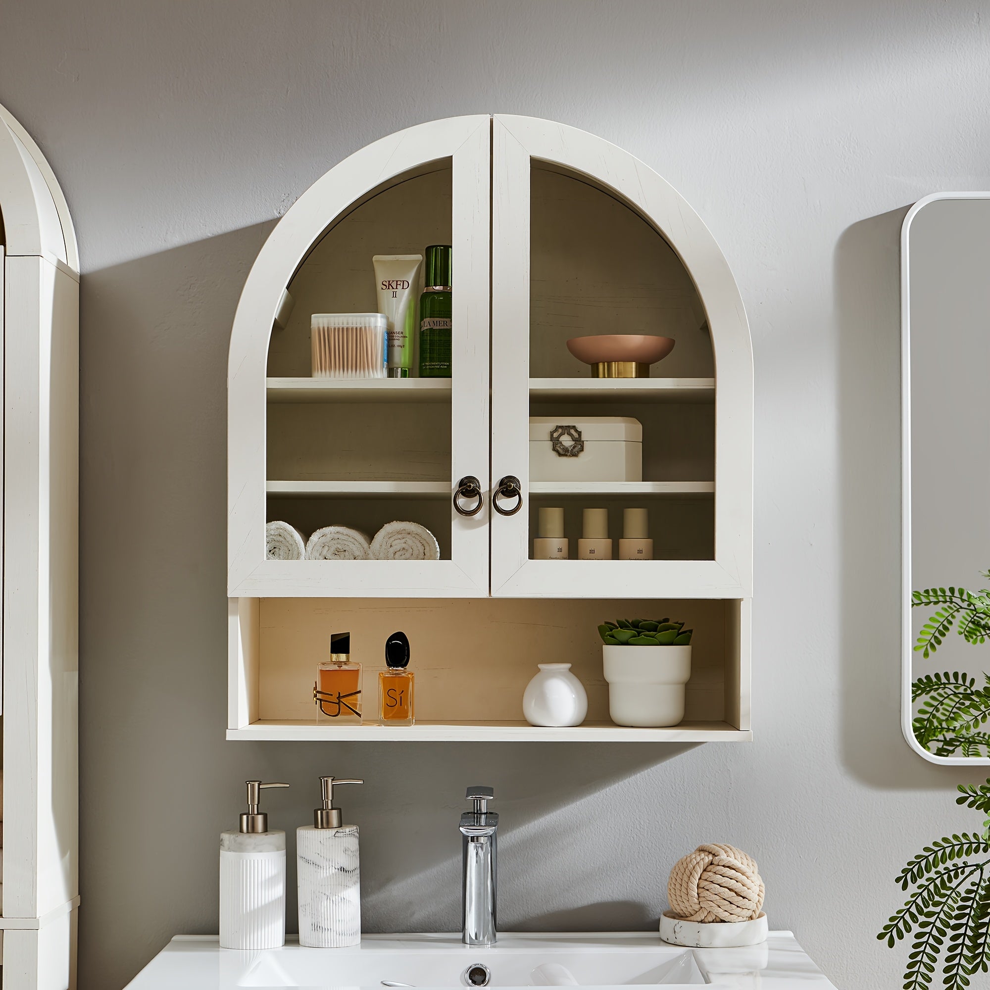 Arched Medicine Cabinet Suitable for Over the Toilet Storage - Modern Wall-Mounted Bathroom Cabinet with Adjustable Shelves, Double Door Arched Top, Wood, Engineered Wood for Laundry Room Organization