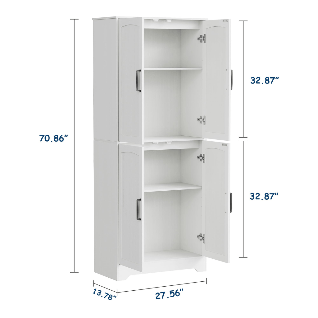 70-inch Tall Modern Farmhouse Pantry Cabinet with 4 Barn Doors & Adjustable Shelves - White Suitable for Kitchen, Living Room Storage,, Assembly, Housewarming Gift for Home, Bedroom, Entryway Organization