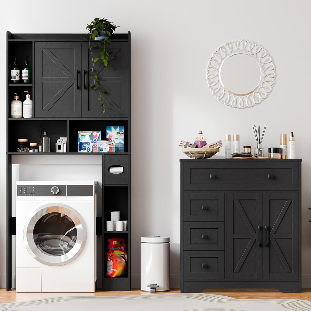 2 Door 4 Drawer Storage Cabinet Freestanding Bathroom Kitchen Organizer with Adjustable Shelves, Multi-Purpose Floor Cupboard for Living Room, Bedroom, Bathroom, Kitchen Pantry - Modern Home Storage Hutch