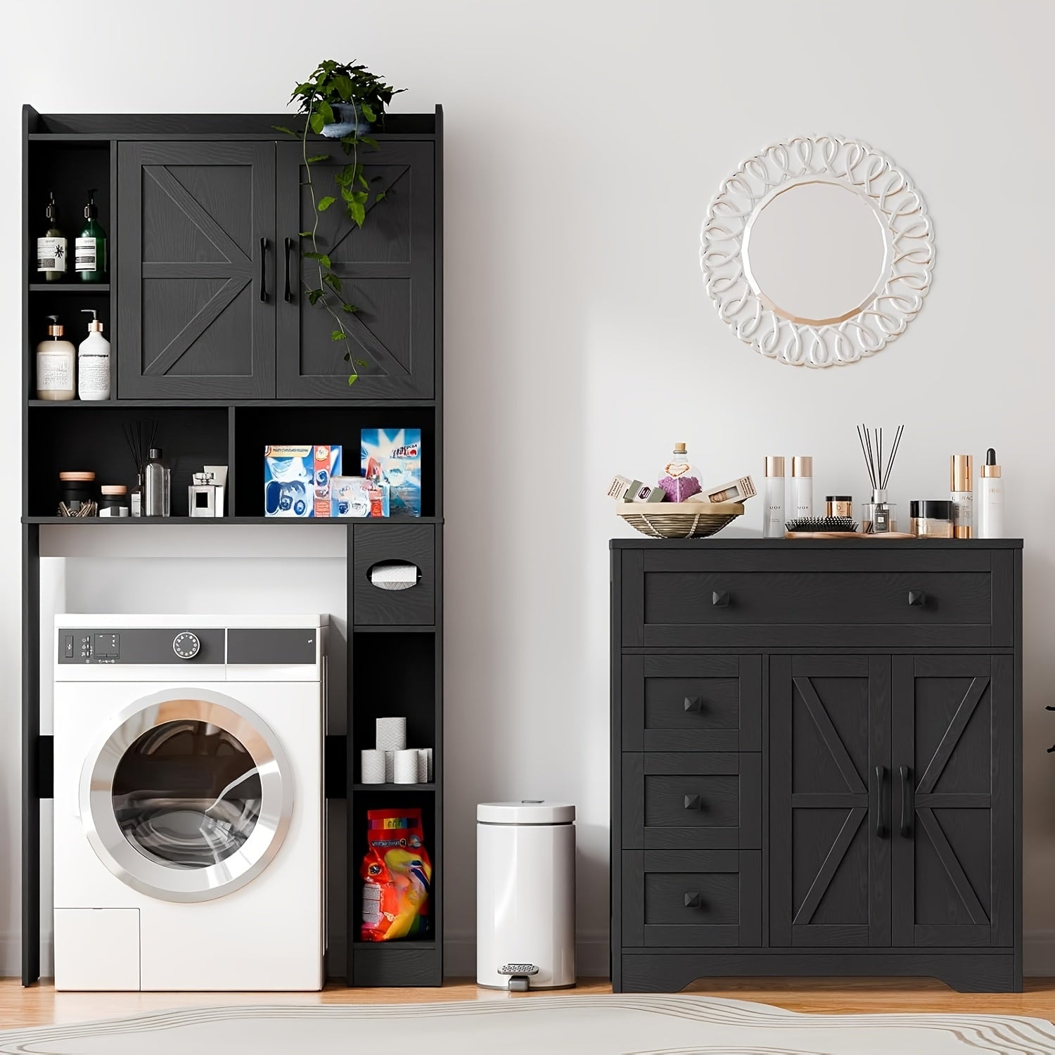 2 Door 4 Drawer Storage Cabinet Freestanding Bathroom Kitchen Organizer with Adjustable Shelves, Multi-Purpose Floor Cupboard for Living Room, Bedroom, Bathroom, Kitchen Pantry - Modern Home Storage Hutch