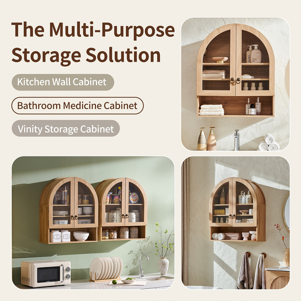 Arched Medicine Cabinet Suitable for Over the Toilet Storage - Modern Wall-Mounted Bathroom Cabinet with Adjustable Shelves, Double Door Arched Top, Wood, Engineered Wood for Laundry Room Organization