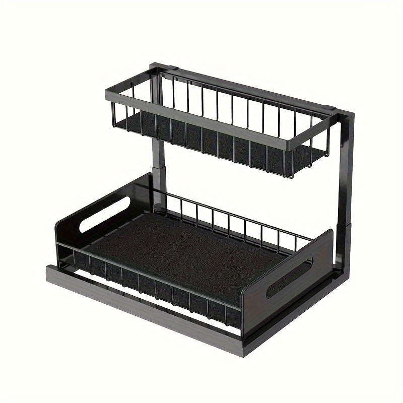 1pc Double-Layer Pull-Out Under Sink Organizer, Carbon Steel Multi-Functional Storage Shelf for Kitchen and Bathroom, Condiment Spice Rack, Medicine Box, Cosmetics Holder - Black\u002FWhite