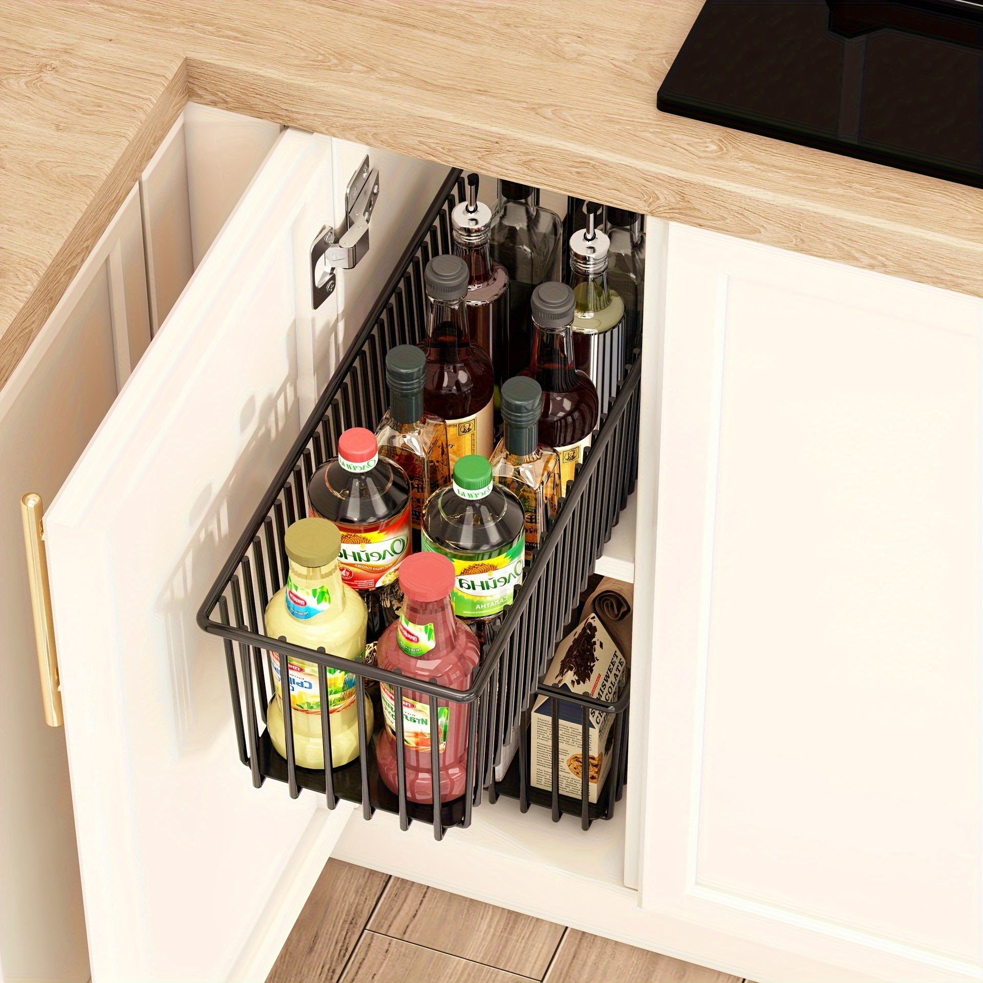 2pcs Black Metal Basket 2pcs Pull-Out Cabinet Storage Basket, Black Metal Drawer, Suitable for Kitchen and Bathroom, Sink Shelf Design With Multiple Compartments for Storing Spices, Jars, and Bottles, Minimalist Black Appearance