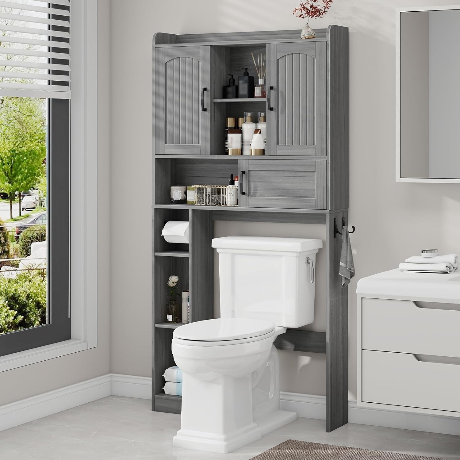 Grey Freestanding Over The Toilet Cabinet 3-in-1 Storage Organizer with Barn Doors Adjustable Shelves & Hooks Farmhouse Bathroom Storage