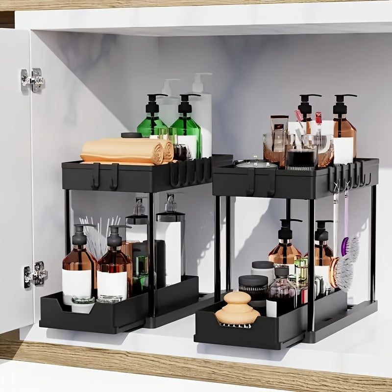 1pc Under-Sink Double Layer Storage Rack, Bathroom Kitchen Countertop Pull-Out Multifunctional Shelf with 5 Hooks
