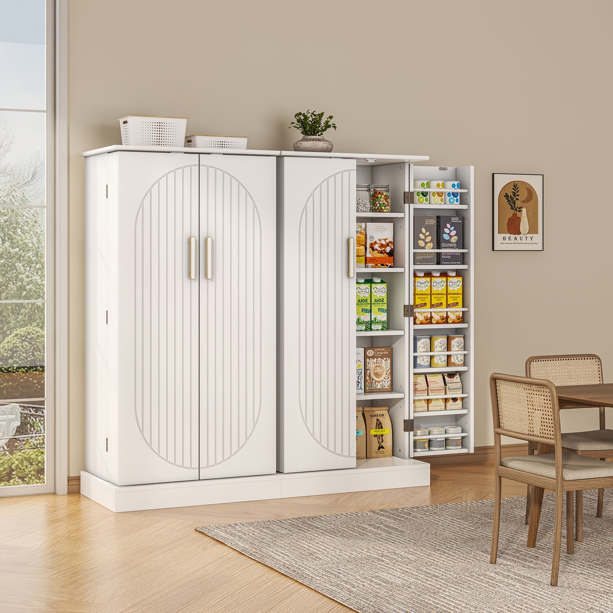 47 Inch Large Wooden Kitchen Storage Cabinets with Drawer and Adjustable Shelves, White Kitchen Pantry Storage Cabinet, Sturdy Buffet Cupboards Sideboard for Kitchen Dining Living Room Use