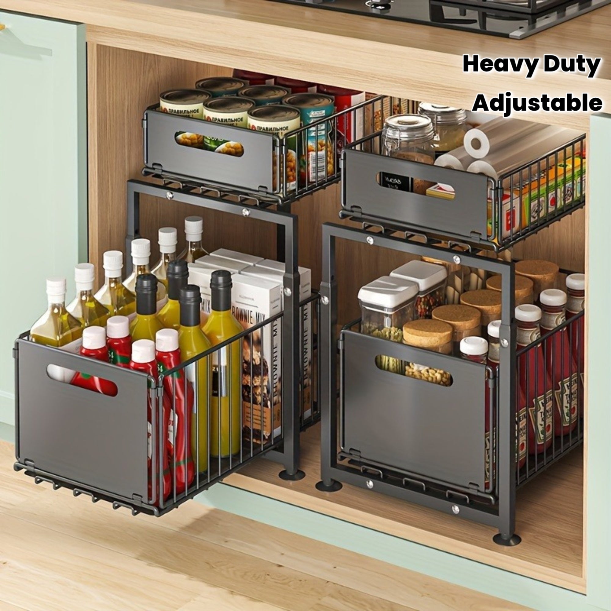 2-Tier Slide-Out Under Sink Organizer - Heavy-Duty Carbon Steel Kitchen & Bathroom Storage Shelf with Adjustable Shelves, Hooks & Sliding Drawers - Space-Saving Cabinet Organizer for Utensils, Spices, Cleaning Supplies - Easy Installation