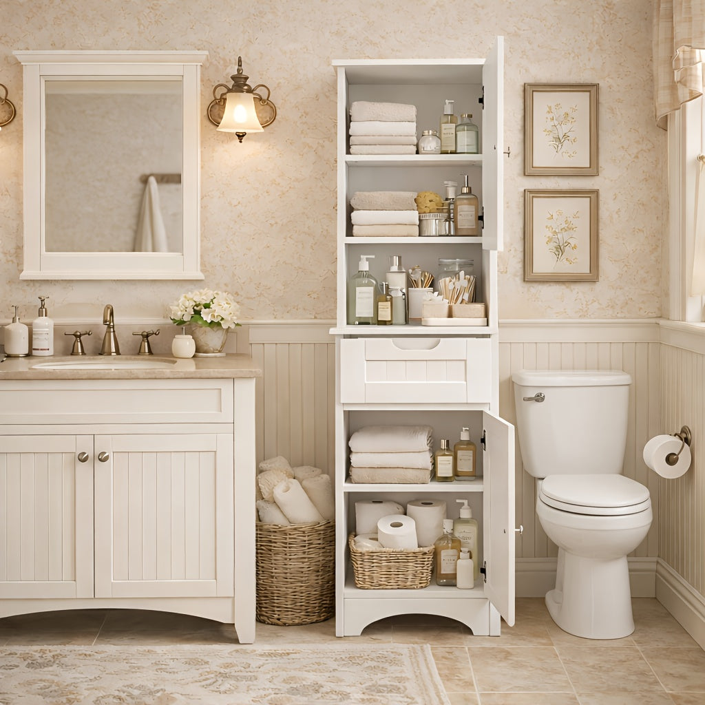 A Slender, Vertical Storage Unit for The Bathroom, Featuring Two Doors, a Drawer, And Open Shelving, Designed in a White Farmhouse Aesthetic, Suitable for The Bathroom, Laundry Area, Entryway, Or Study