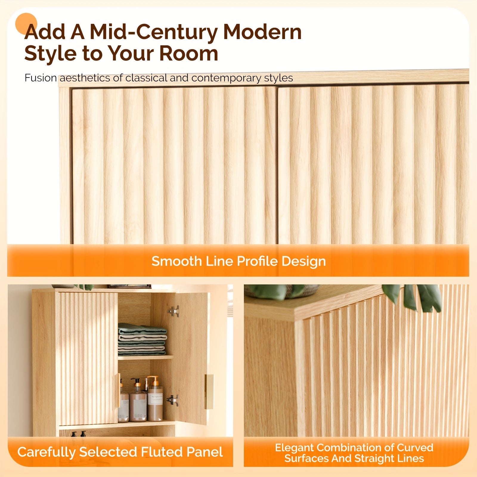 Over - Toilet Storage Cabinet, Fluted Double - Doors, 3 - Tier with Adjustable Shelf, Modern Wood Bathroom Organizer, Natural Oak Color, 41.73\