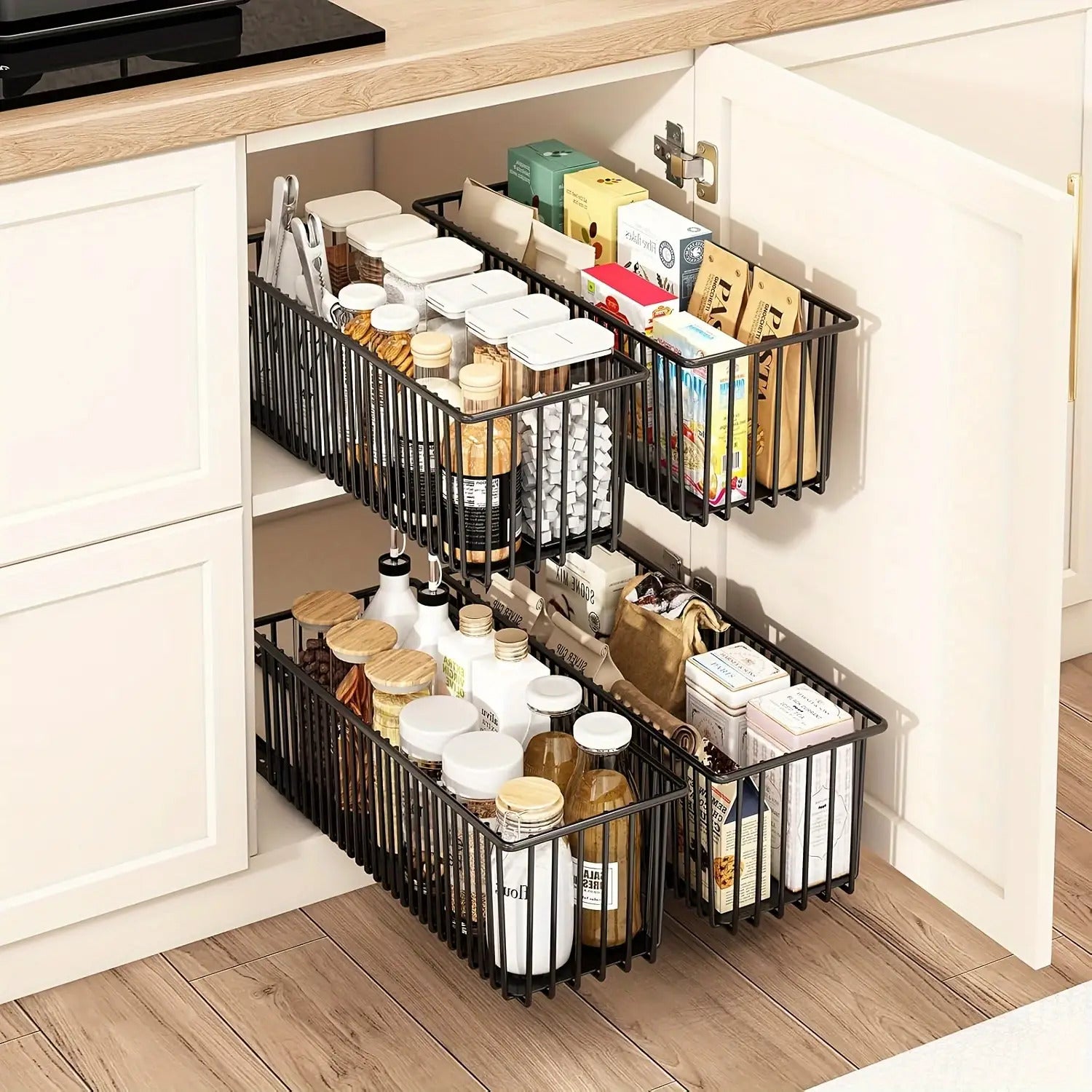 2pcs Black Metal Basket 2pcs Pull-Out Cabinet Storage Basket, Black Metal Drawer, Suitable for Kitchen and Bathroom, Sink Shelf Design With Multiple Compartments for Storing Spices, Jars, and Bottles, Minimalist Black Appearance