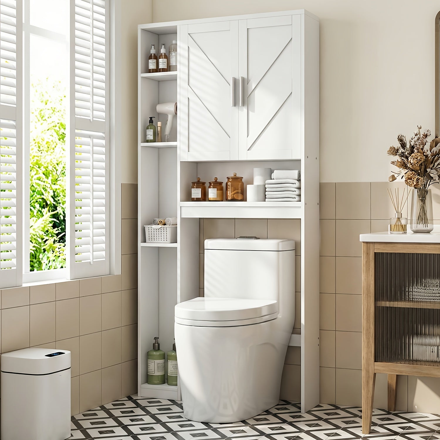 Toilet Storage Masterpiece: White Cabinet Above Toilet + Numerous Storage Cabinets + Additional White Cabinets, Space-Saving Solution for Bathrooms\u002F Laundry Rooms