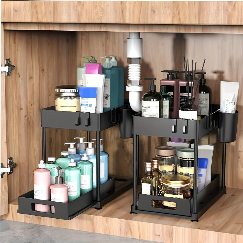 A Heavy-Duty Plastic Double-Layer Pull-Out Storage Rack with Adjustable Shelves And Pull-Out Drawers - a Space-Saving Vertical Organizer Featuring Open And Closed Shelves, Durable for Kitchen Cabinet Under-Sink Drawers, Suitable for Small Spaces