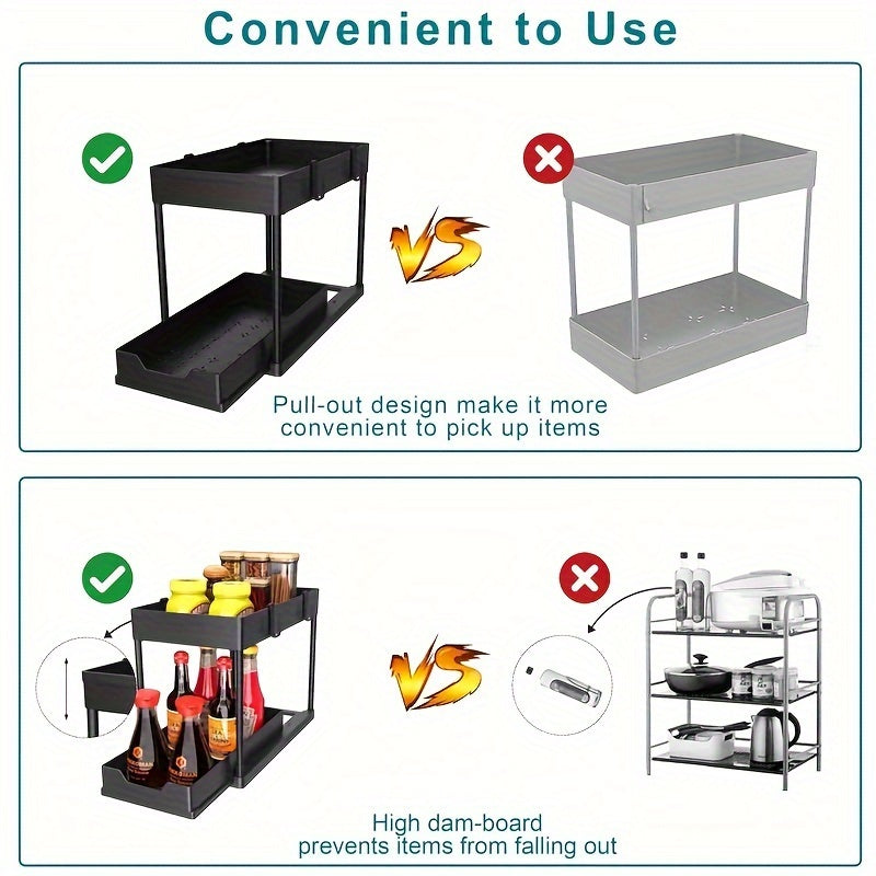 1pc Under-Sink Double Layer Storage Rack, Bathroom Kitchen Countertop Pull-Out Multifunctional Shelf with 5 Hooks