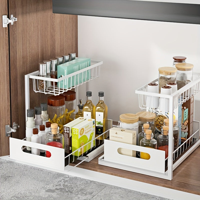 1pc Double-Layer Pull-Out Under Sink Organizer, Carbon Steel Multi-Functional Storage Shelf for Kitchen and Bathroom, Condiment Spice Rack, Medicine Box, Cosmetics Holder - Black\u002FWhite