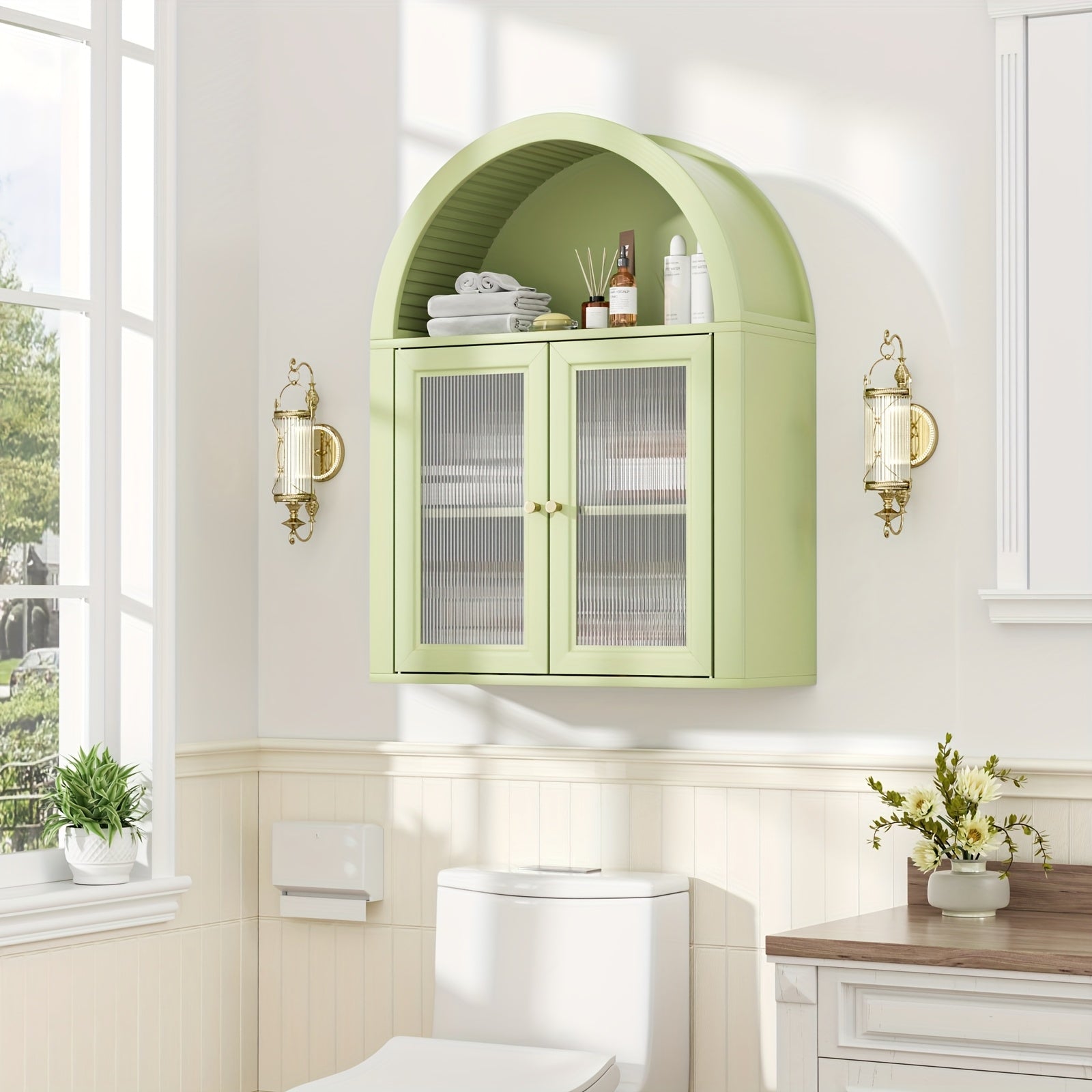 Arched Bathroom Wall Cabinets, Bohemian-style Medicine Cabinet With Acrylic Doors, Storage Cabinet Above The Toilet, Wall-mounted Adjustable Shelves (suitable For The Living Room), Laundry Room, Bathroom