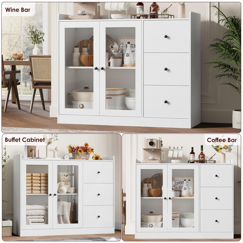 35-Inch White Kitchen Hutch Cabinet with 3 Drawers, Freestanding Coffee Bar and Food Pantry Storage, Countertop Included for Living and Dining Rooms